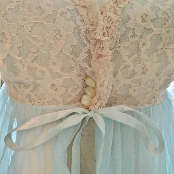 Paulane Lingerie Nightgown Robe Blue w Cream Lace Overlay Small - Picture 3 of 6